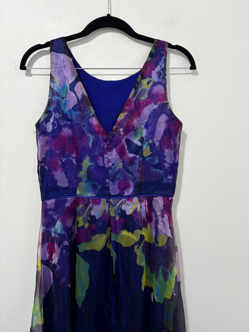 Tahari Navy Floral-Print Maxi Dress with Purple, Green and Pink Accents - Picture 6 of 7